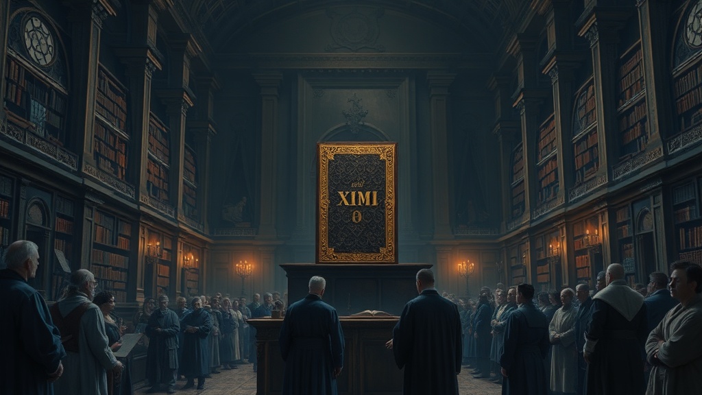 A master scribe in blue robes removes an x86-labeled book from a library lectern while an assistant places a new ARM manuscript, as scholars and merchants watch.