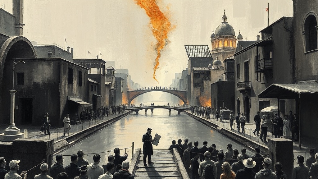 A shimmering canal divides an ancient city into old stone buildings and new glass structures, with a city planner directing people at a gate between the two districts.