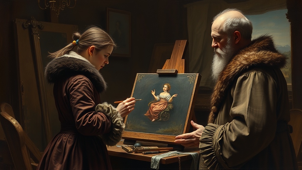 A wealthy patron turns away from a large battle-scene painting to watch a master artist and apprentice painting a luminous miniature, holding his purse toward them.