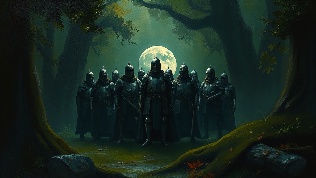 Armored figures build a crumbling stone arch over a dark chasm, torchlight from below, as one holds a blank blueprint and another points with a sword toward a gapped wall.