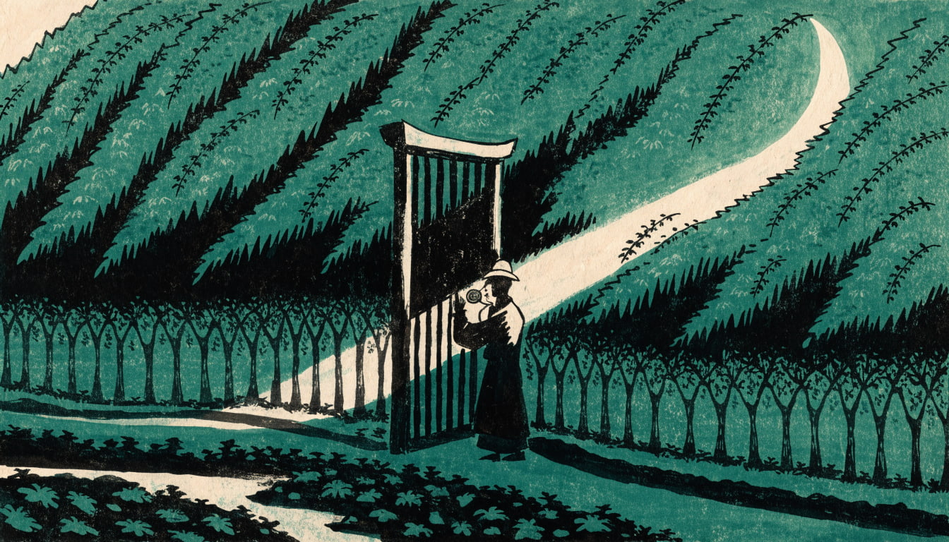 Gatekeeper raises one hand to halt travelers at a walled orchard gate while inspecting each with a small lens, orderly young trees behind him.