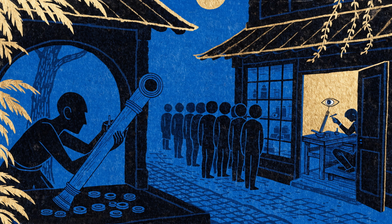 Two rival workshops face each other across a street: one polishes an elaborate spyglass, the other builds a simple pointing arm with buyers queued.