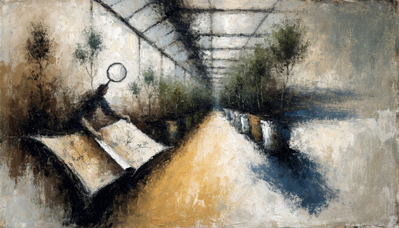 A fused cartographer-naturalist moves down a glasshouse corridor, map unrolling beneath a magnifying glass, reading leaves as he maps.
