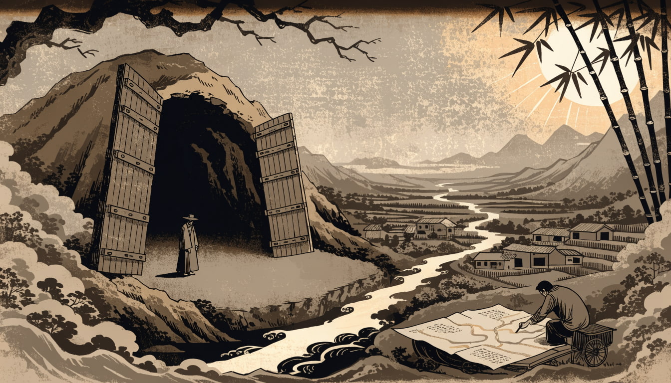 Allegorical painting of an empty granary beside a working canal network redirecting grain, symbolizing hosting versus routing.