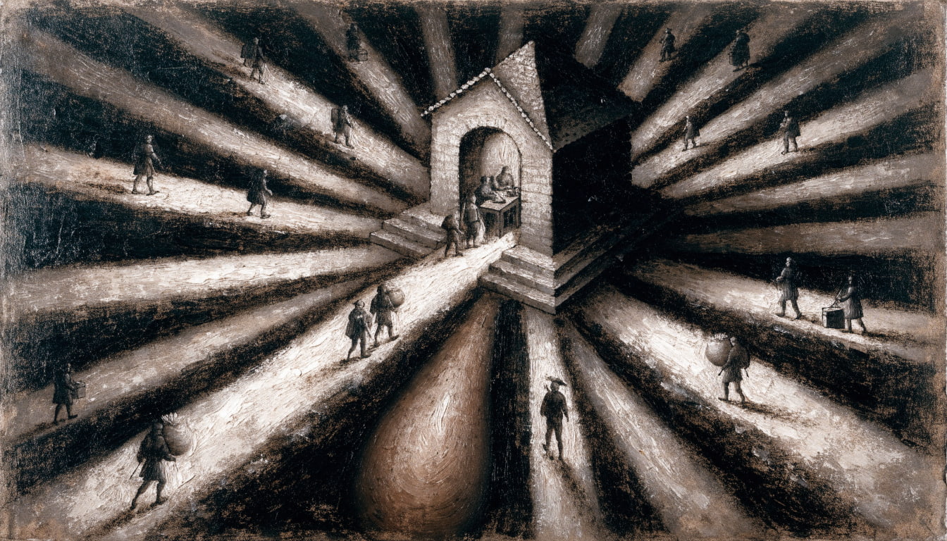 Allegorical painting of thirty roads converging on a single tollhouse where travelers exchange grain, cloth, and coin for one stamped token.