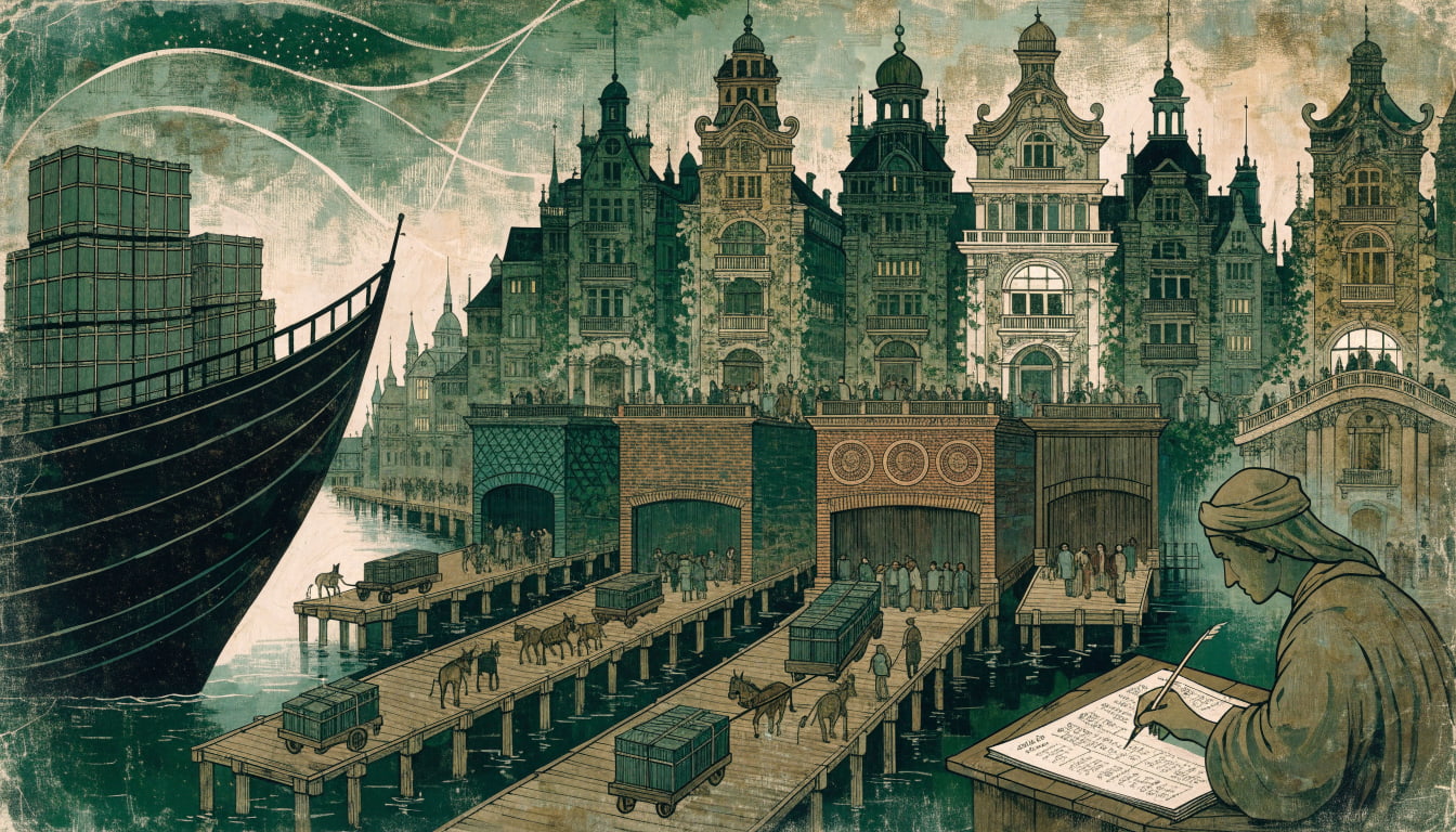 Allegorical painting of one merchant ship unloading identical sealed crates at many guild docks, with one locked gate.