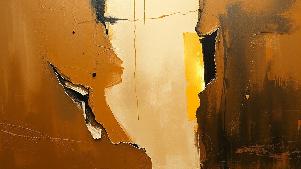 Armored figures build an incomplete stone bridge over a dark chasm, a hooded figure with a torch on one side, a merchant weighing gold on the other.