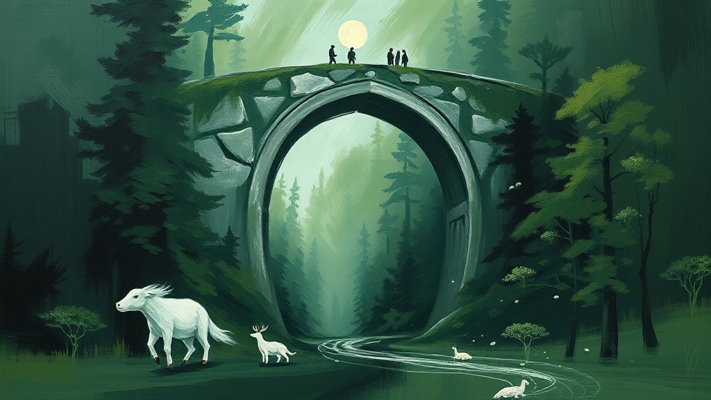 Workers haul stones to build a massive stone arch bridge across a stormy chasm, while a king in armor watches from a cliff with a scroll.