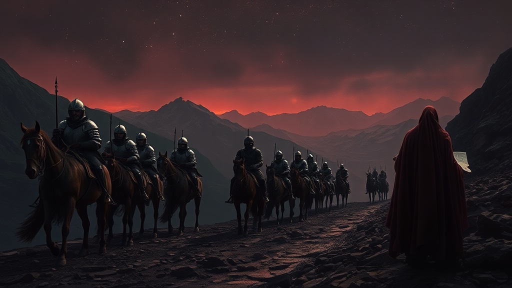 Armor-clad knights on horseback are redirected by cloaked scholars holding maps and contracts under starlight, while siege engines are dismantled behind them.