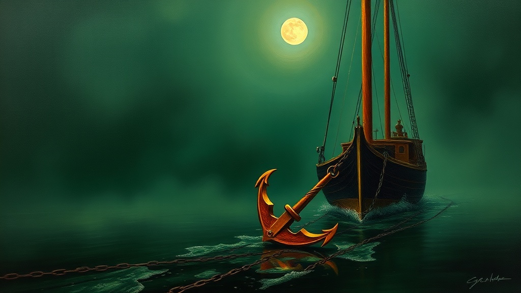 At a fog-shrouded sea, a polished brass automaton cuts a massive chain anchor from a ship’s prow, as the unmoored vessel turns silently toward deep water.