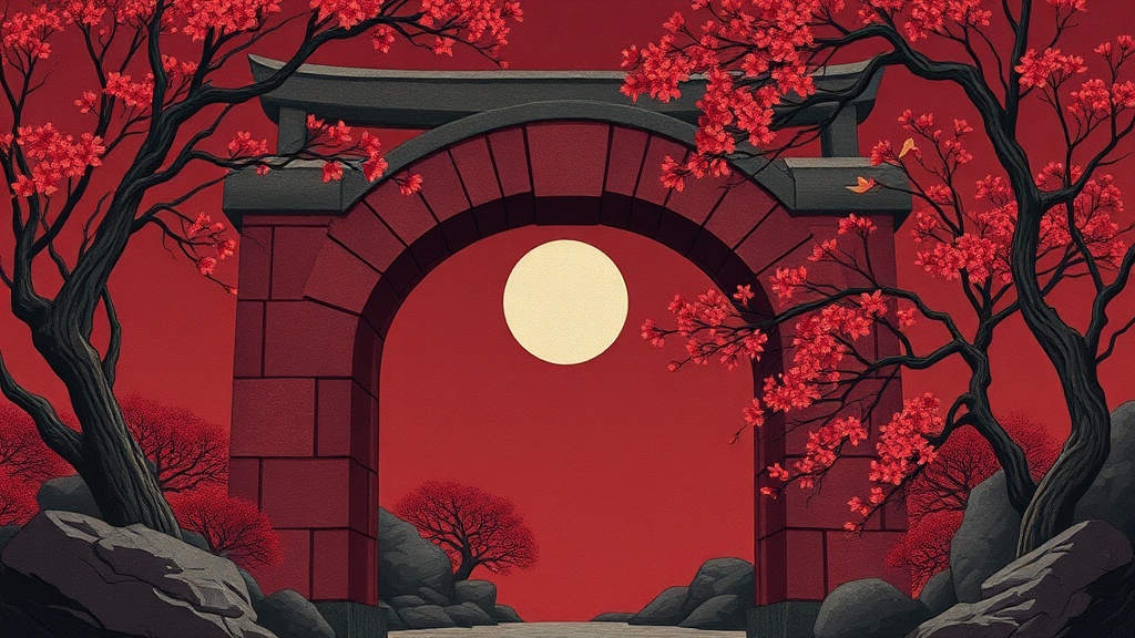 A hooded figure with a lantern stands before a stone archway in a dark forest, where a cracked keystone of a different color stands out among carved runes.