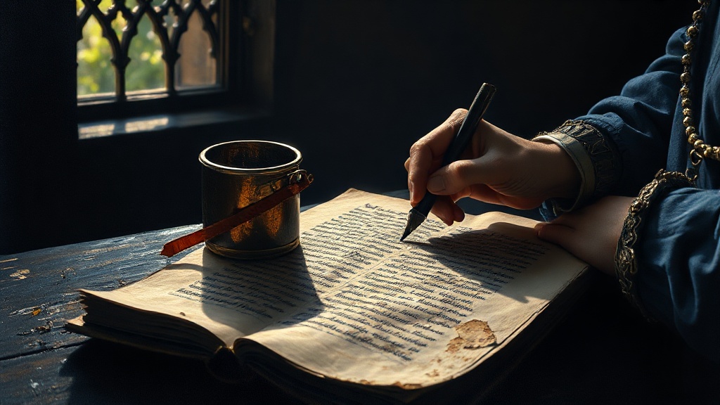 A Renaissance scribe carefully traces fresh, dark ink over faded, crumbling text on an ancient parchment, restoring its legibility in sunlight.