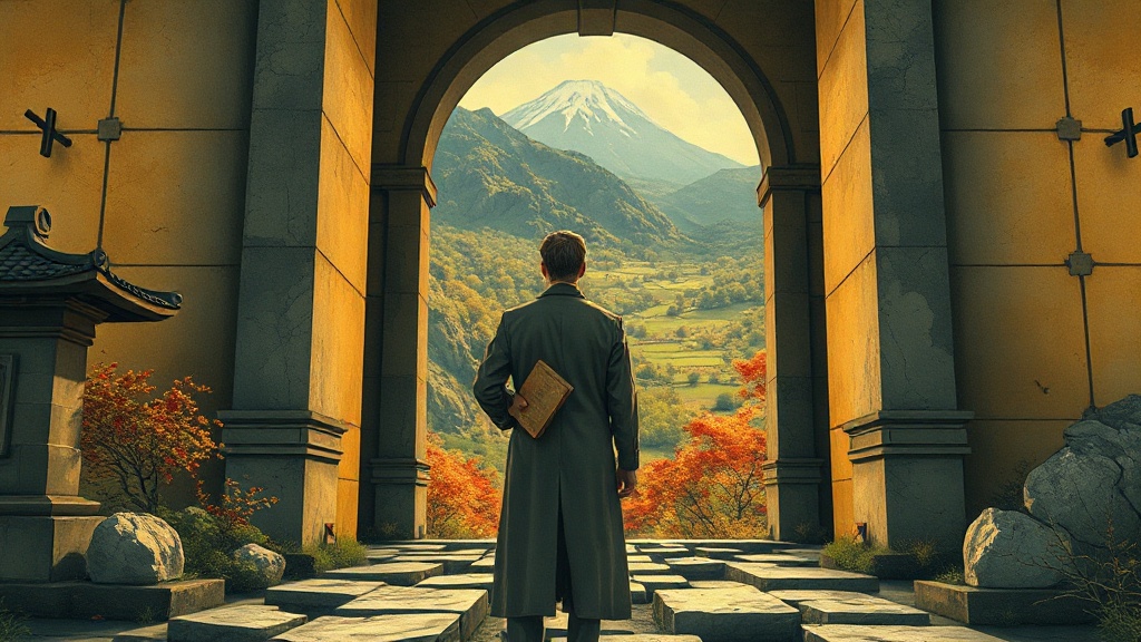 A physician in a long coat stands before a massive stone archway, looking out at a lush, sun-drenched, unmapped valley beyond the threshold.