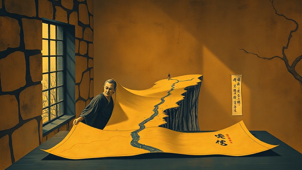 A medieval scribe folds a glowing parchment map back onto itself, bridging a cliff to reveal a hidden city on the other side.