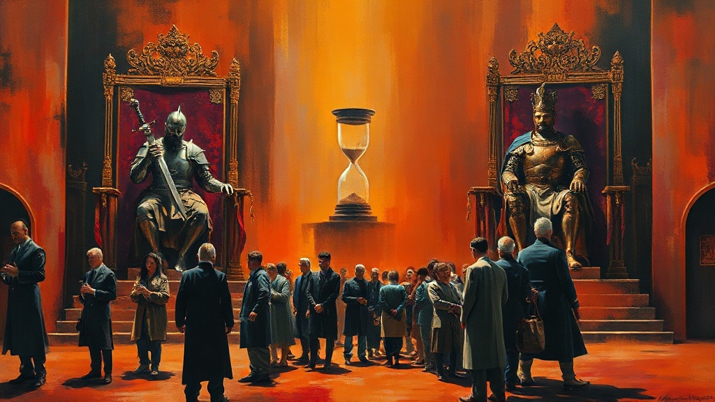 A Western king with a broken sword labeled 'nm' sits opposite an Eastern emperor holding an hourglass whose sand falls upward, as merchants kneel before the emperor.