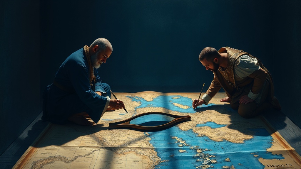 Two cartographers lean over an archipelago map; one draws a direct blue bridge between islands, the other a long chain of stepping stones.