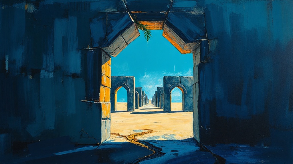 A cracked stone archway stands alone in a desert, with a chain of identical, progressively more fractured arches receding into the distance, vines splitting the masonry.