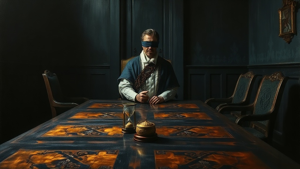 A blindfolded figure in judge's robes sits bound at the head of an empty council table, thorny rose stems tying their hands, as an hourglass nearly runs out.