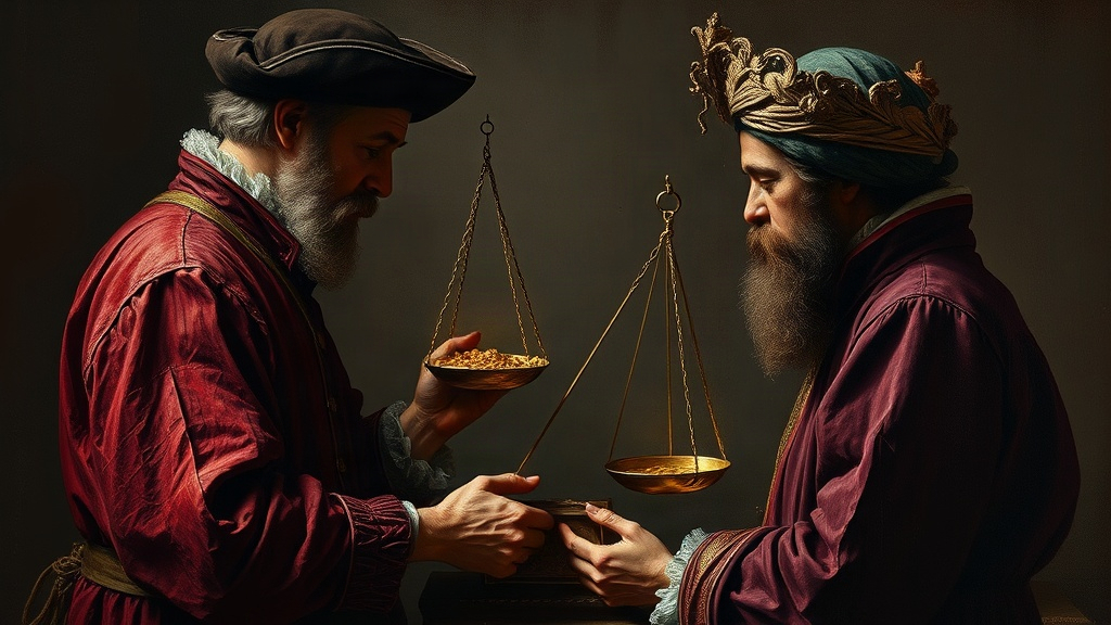 A merchant weighs gold coins on scales at a crowded crossroads market, surrounded by onlookers and a few cloaked figures watching from the shadows.