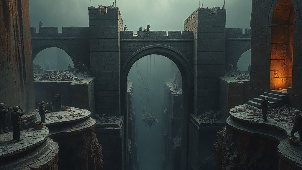 Masons on one side of a deep chasm have nearly completed a stone archway with intricately carved stones, while a single mason on the opposite side has laid only a few stones, leaving a wide dark gap.