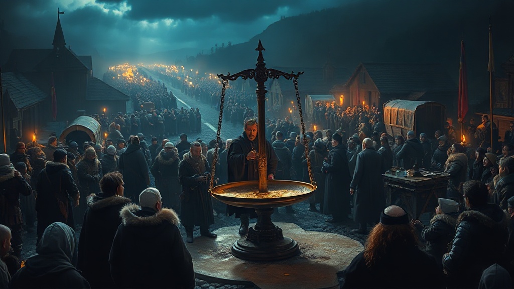 A merchant in dark robes weighs gold on a large brass scale at a crowded crossroads marketplace, surrounded by onlookers and guarded wagons, while smaller merchants with empty carts watch from other roads.