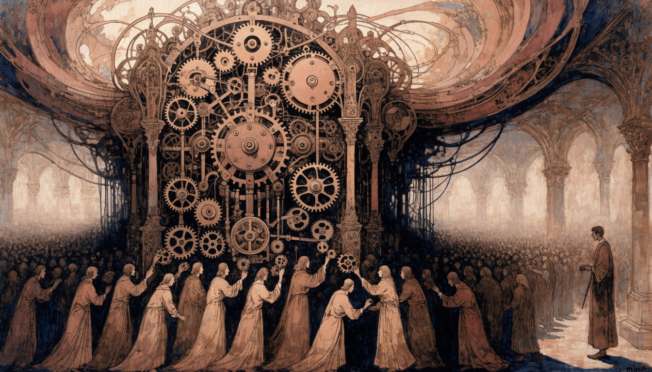 Painting of ordinary townspeople each placing a small cog into a cathedral clockwork mechanism while the master horologist stands aside, tools lowered, watching it correct itself.