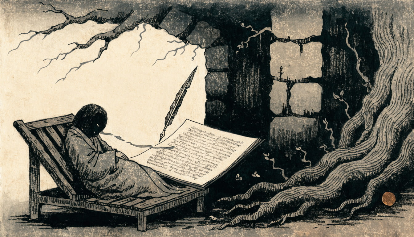 Illuminated manuscript scene of a reclining figure on a wooden cot whose spoken words flow from his mouth to a page written by a floating quill, with no scribe present.