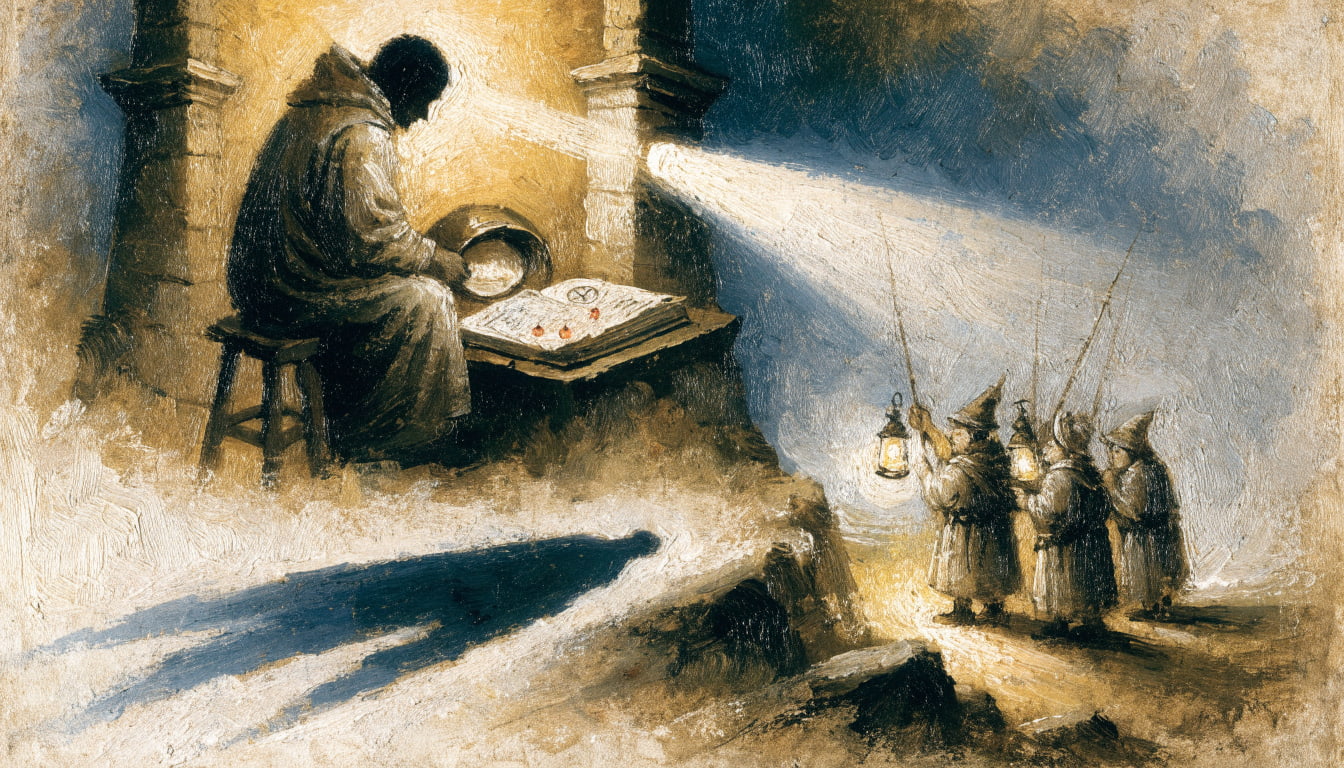 Expressionist painting of a lighthouse keeper whose beam sweeps only where fishermen below point their lanterns, his open logbook marked with their notes.