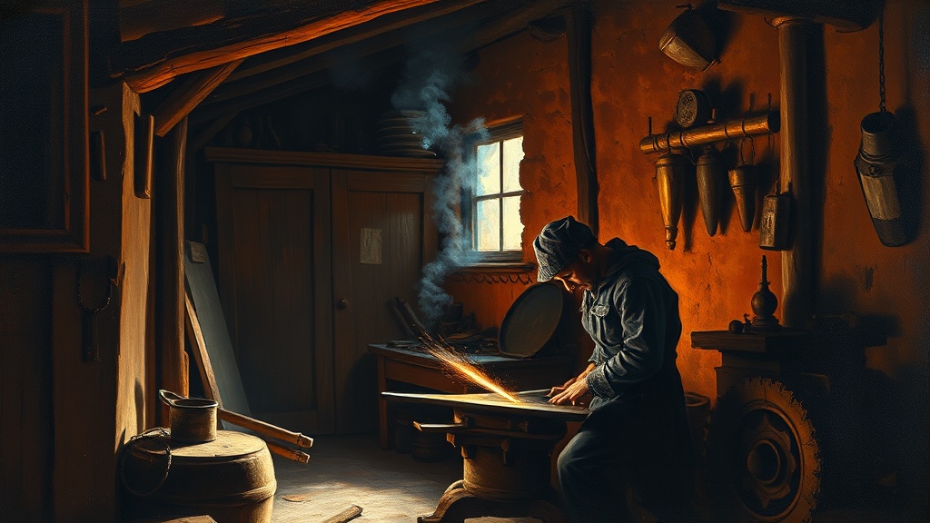 A blacksmith in a dim forge hammers a glowing copper cable that warps and melts at the edges, his face strained with effort under intense firelight.