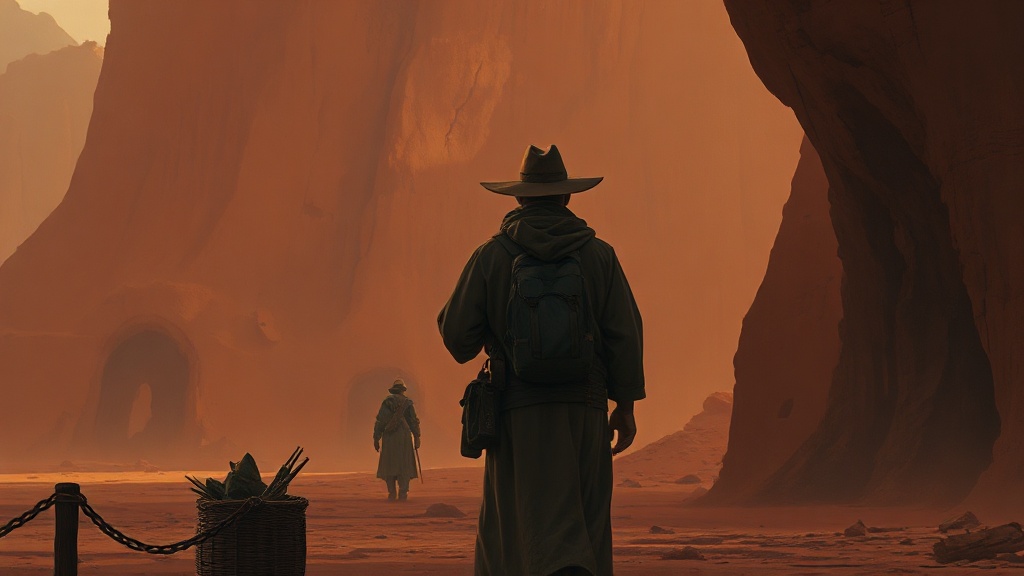 Two merchants at a crowded crossroads market weigh gold coins on a scale while one holds a ledger, as storm clouds and lightning gather on the horizon.