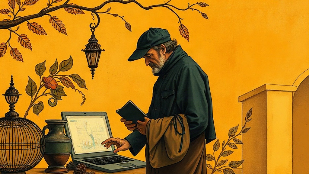 A merchant walks a tightrope scale beam at a crowded market, balancing a sack of gold against a sack of feathers as rain begins to fall.