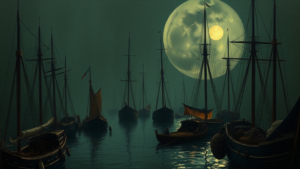 A crowded harbor at dusk with three merchant ships anchored, a small sleek vessel docking, and a customs official weighing coins as a captain points to sea.