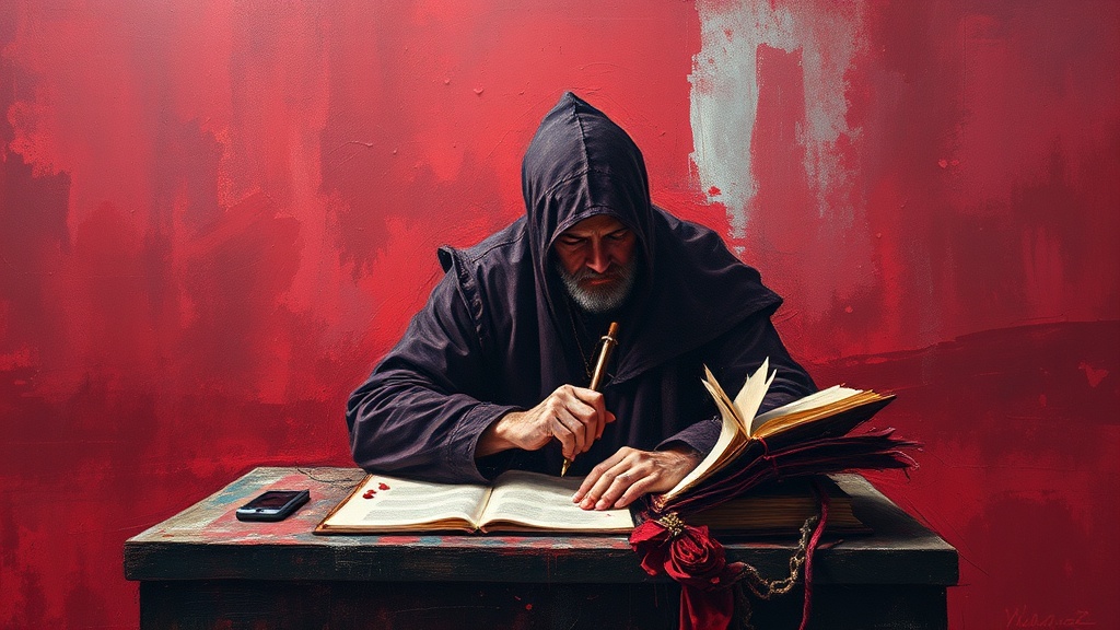 A medieval scribe at a slanted desk copies a scroll by candlelight, surrounded by shelves of identical books with one empty shelf.