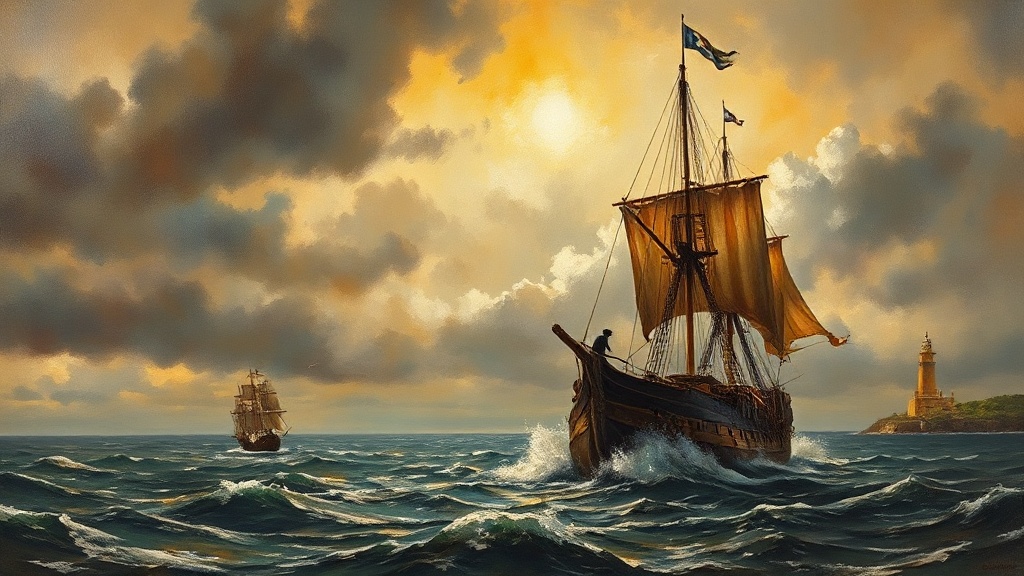A fleet of merchant ships under foreign flags sails away from a listing flagship with a faded starred banner toward a distant harbor with a golden lighthouse.