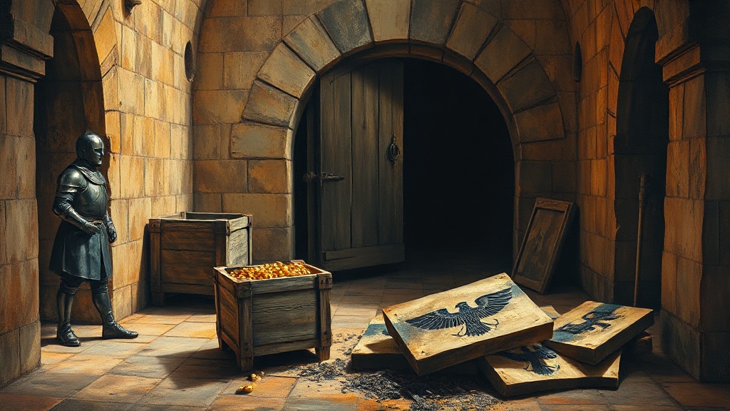 Armored guards watch laborers carry crates of gold bullion into a stone treasury, while a broken iron door and smoldering parchment documents lie in a dark corner.