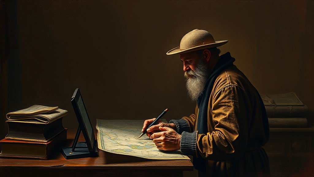 A cartographer in a dim scriptorium draws a new coastline on parchment by candlelight, with a fleet of ships visible through a window on a calm sea.