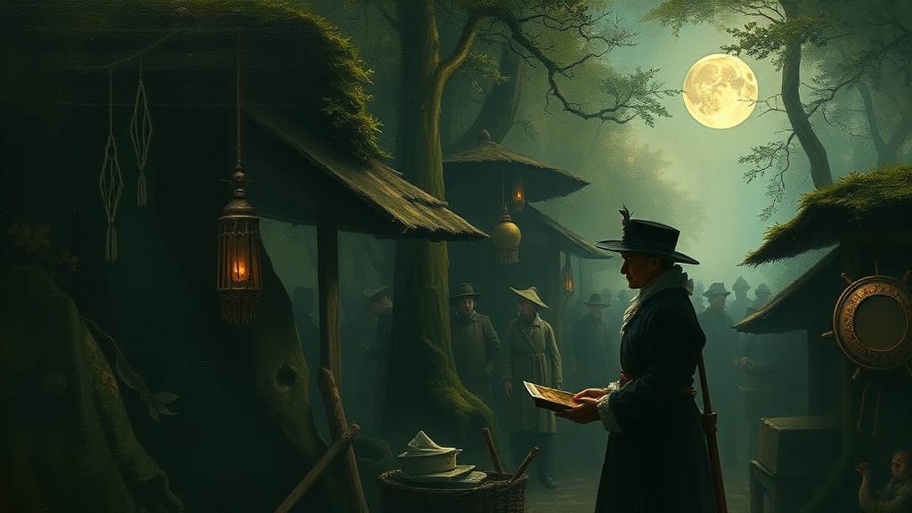 A merchant weighs gold coins at a crowded crossroads market, while a blacksmith forges a tool and a scribe records the transaction, surrounded by onlookers.