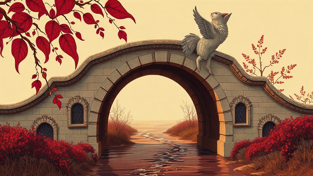 A stone arch bridge over a dark chasm, armored figures hammering new toll booths into the stone, merchants turning camels and carts toward a distant mountain pass, a torch illuminating a carved sign reading '100-fold.'