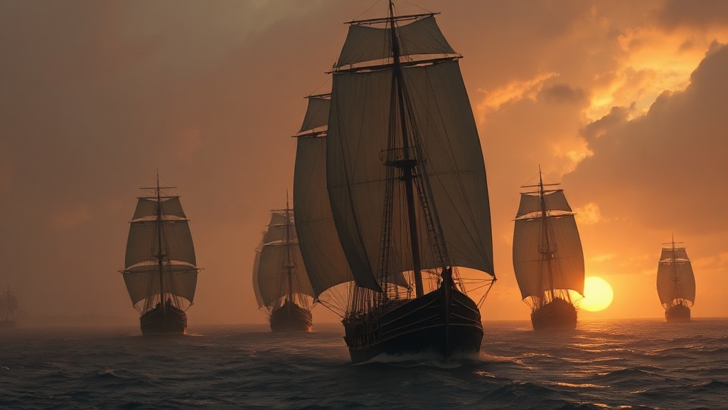 Two merchant fleets at dawn: one fleet of heavy copper-hulled galleons in dry dock, the other a swift armada of lateen-sailed caravels with ether-like hulls on the horizon.