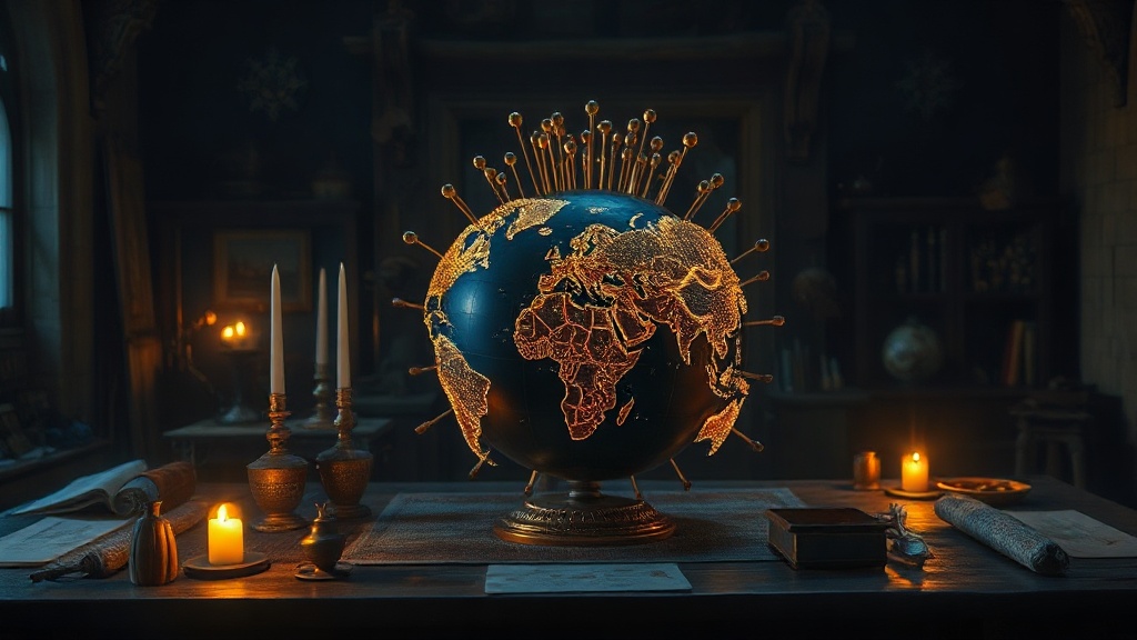 A cartographer uses brass tools to rearrange glowing map pins on a dark globe, snapping into a self-correcting lattice that illuminates new continents, representing neutral-atom qubit manipulation.