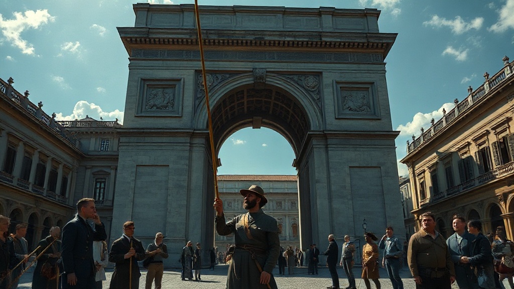 A master builder holds a golden plumb line against a luminous stone archway in a sun-drenched piazza, while onlookers with brittle measuring rods look uncertain, symbolizing new stability standards.