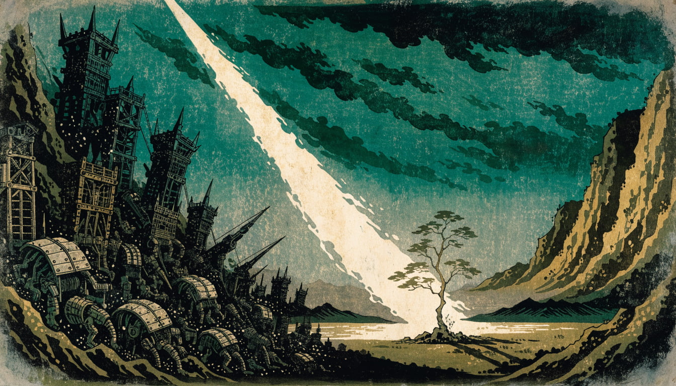 A fragile sapling stands against a tide of siege engines, illuminated by a shaft of sunlight, representing the shift to industrial scaling.