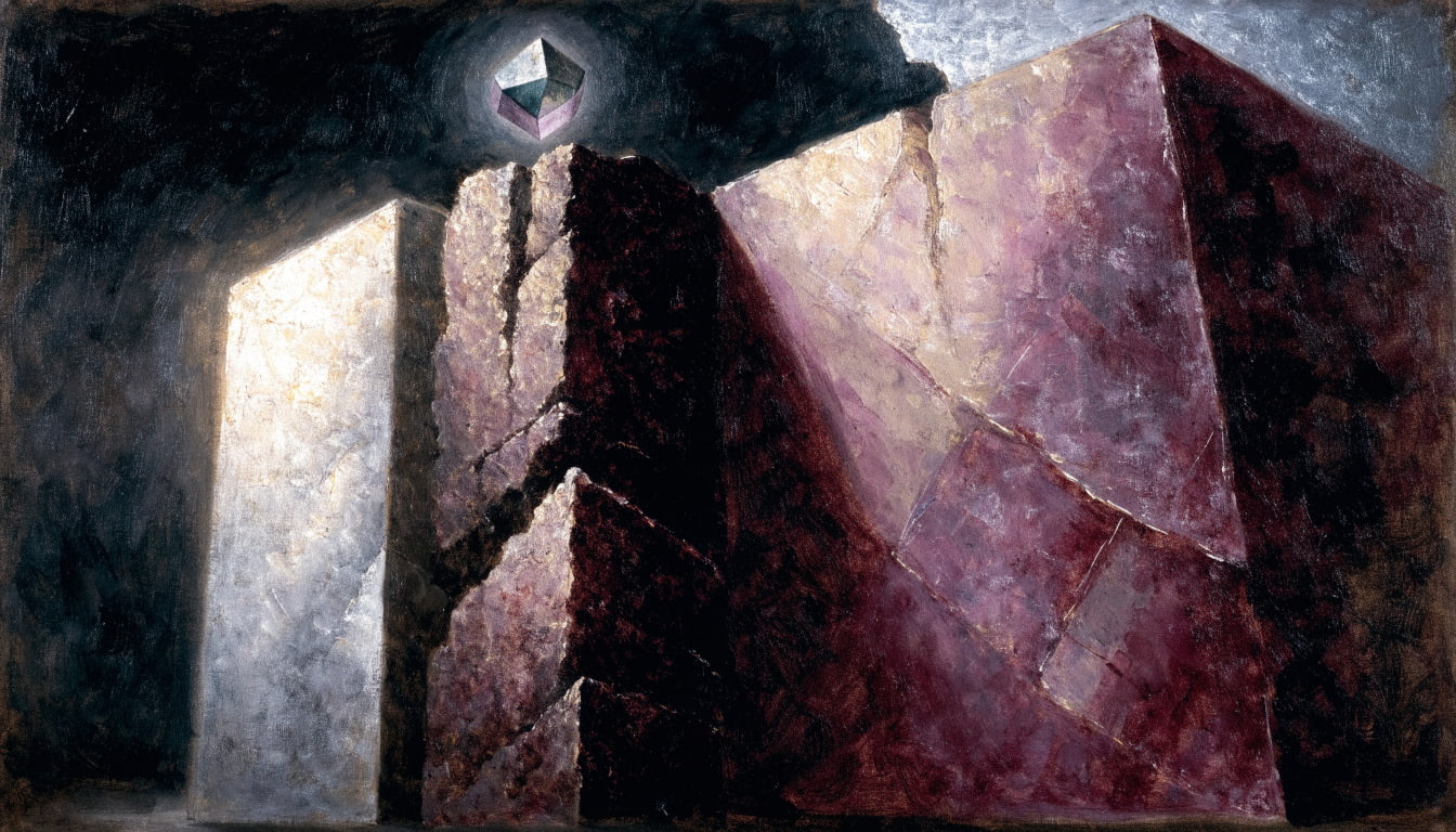 Three monumental pillars of marble, granite, and quartz support a delicate, glowing crystal, symbolizing multi-faceted measurement and error reduction.