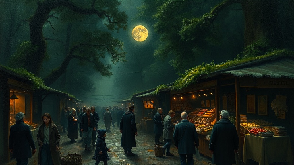 A merchant weighs gold and silver coins on a balance scale at a dusk crossroads market, with two constellations visible in the sky and arguing buyers.