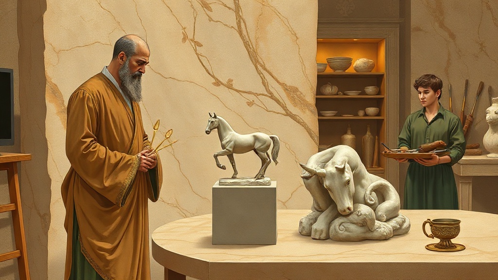 A master sculptor measures a tiny, perfect horse statue with brass dividers, standing before a rough marble block, as an apprentice watches with awe and confusion.