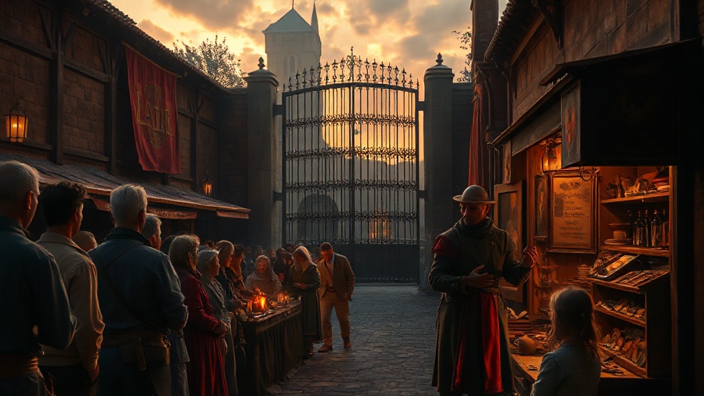 A merchant in a medieval marketplace hands out identical free keys to a happy crowd, while a massive iron gate with a single keyhole looms in the shadows behind him.