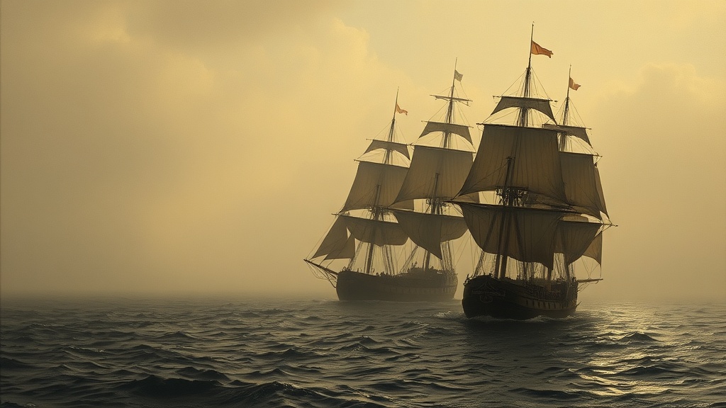 Two merchant fleets on a foggy sea at dawn: one sleek fleet sails toward a golden city, while a larger, older fleet is becalmed with arguing crew.
