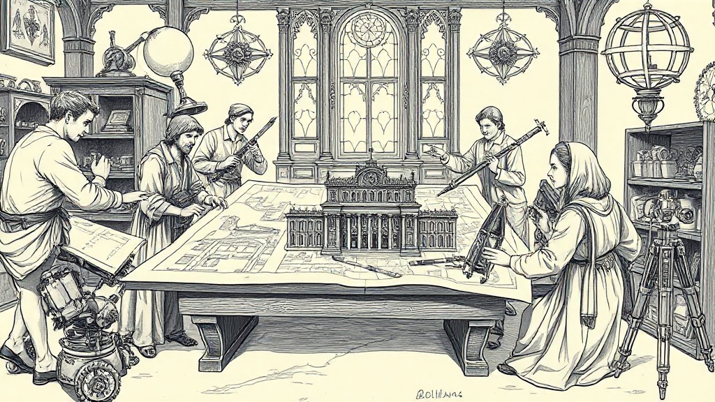A Renaissance master builder points to a complex blueprint on an oak table, surrounded by guild specialists with tools and plans, while a mechanical armature moves a sextant.