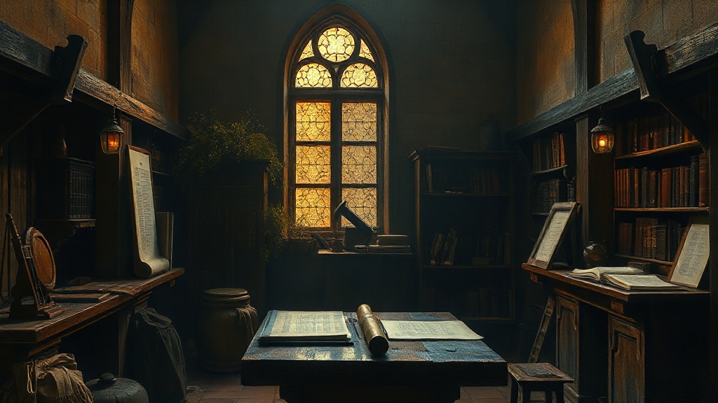 A scribe copies astronomical diagrams by candlelight at a wooden desk, surrounded by eight open scrolls weighted with stones.