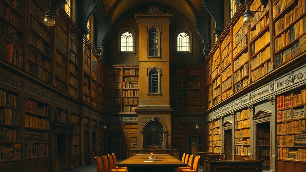 A scholar in a grand library holds a glowing scroll that casts light on a globe with a rising sun and a setting star, expressing quiet triumph.